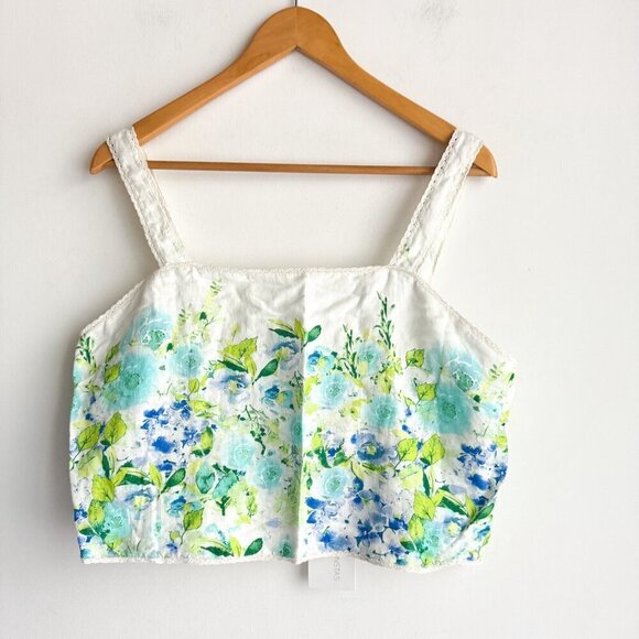 Caroline Constas Linen Floral Blue Green Cropped Top XL - Picture 6 of 7
